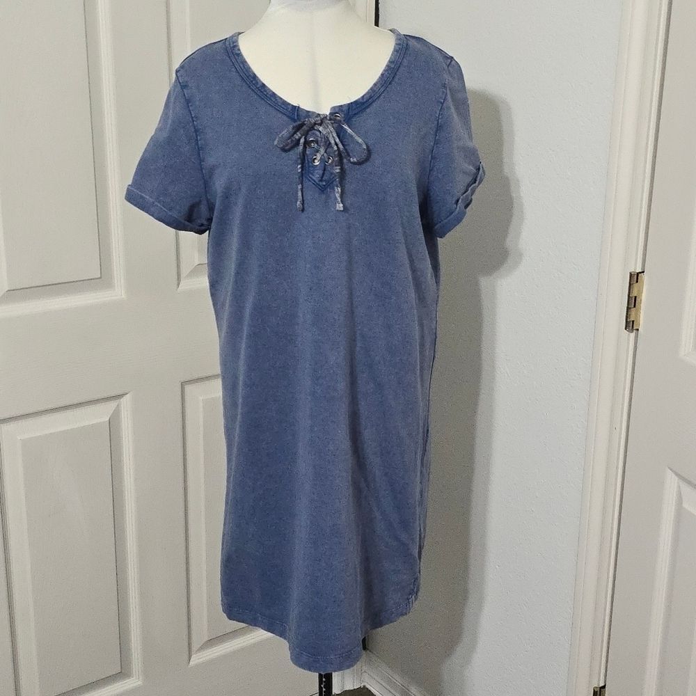 Style & Co Blue Lace-Up Cotton T-Shirt Mini Dress Large Casual Shift Beach Vacay